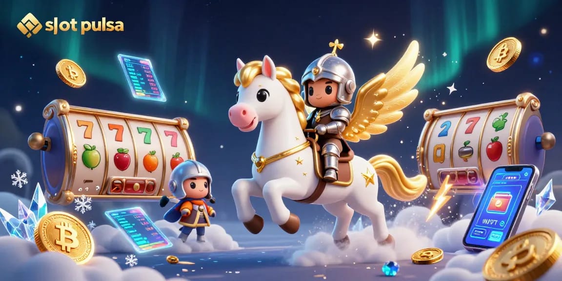 Putar untuk menang dengan jackpot slot pulsa yang menarik, menampilkan elemen permainan yang vibrant.