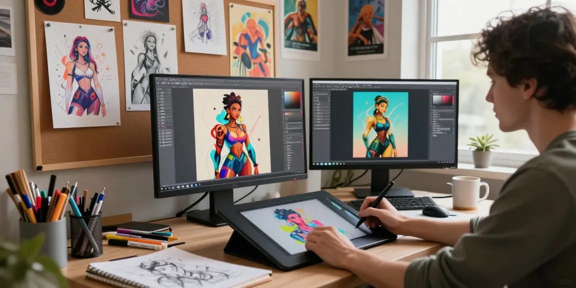 Creating NSFW AI character illustrations in a vibrant digital art studio.