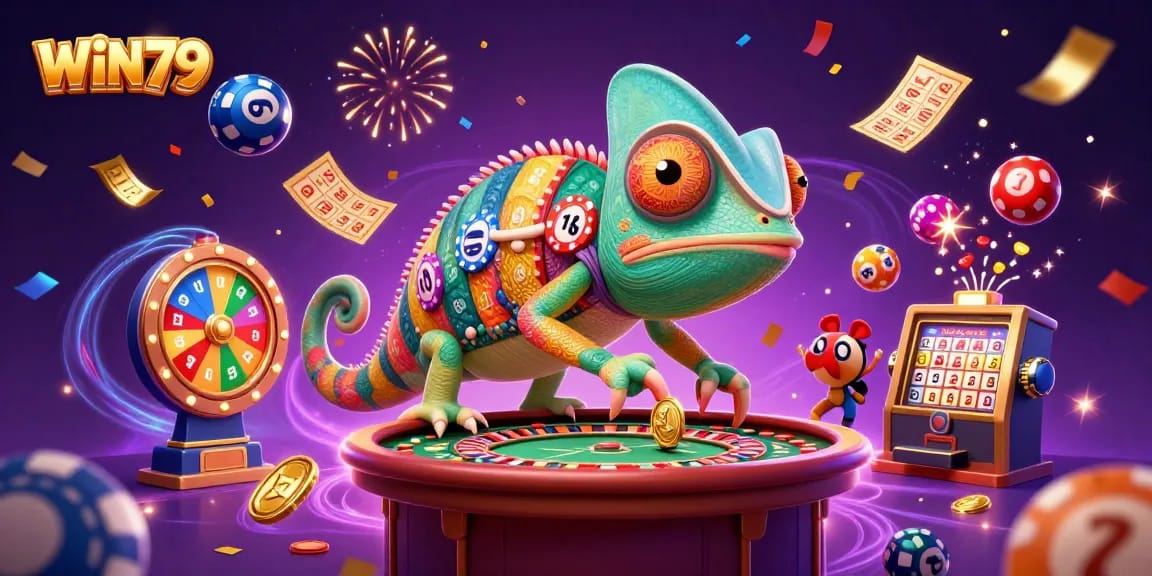 WIN79 casino chameleon captures excitement with lottery elements and vibrant colors in a gaming scene.