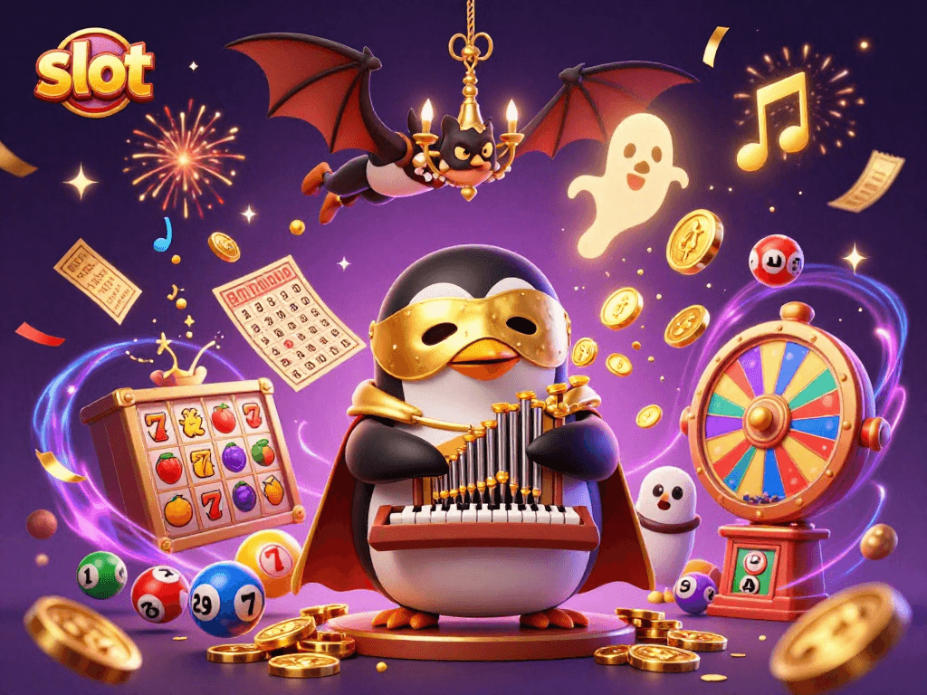 Experience thrilling slot game excitement with a playful penguin at a whimsical casino.