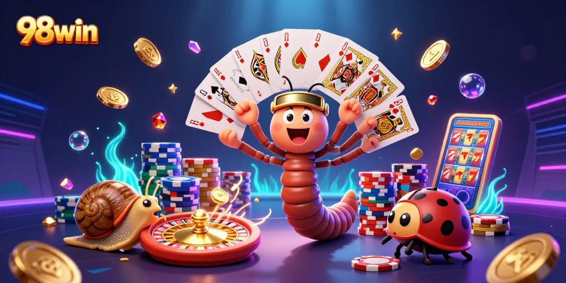 Experience thrilling gaming at 98win with a vibrant scene of a cartoon millipede dealer and exciting casino elements.