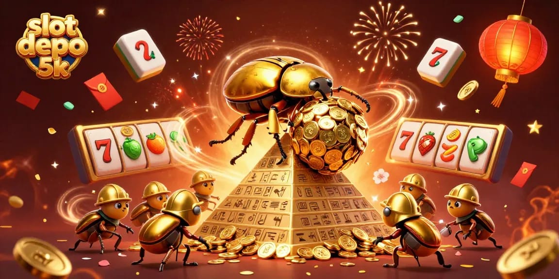 Spin the reels of slot depo 5k with a colorful, dynamic scene featuring vibrant casino elements and energetic beetles.