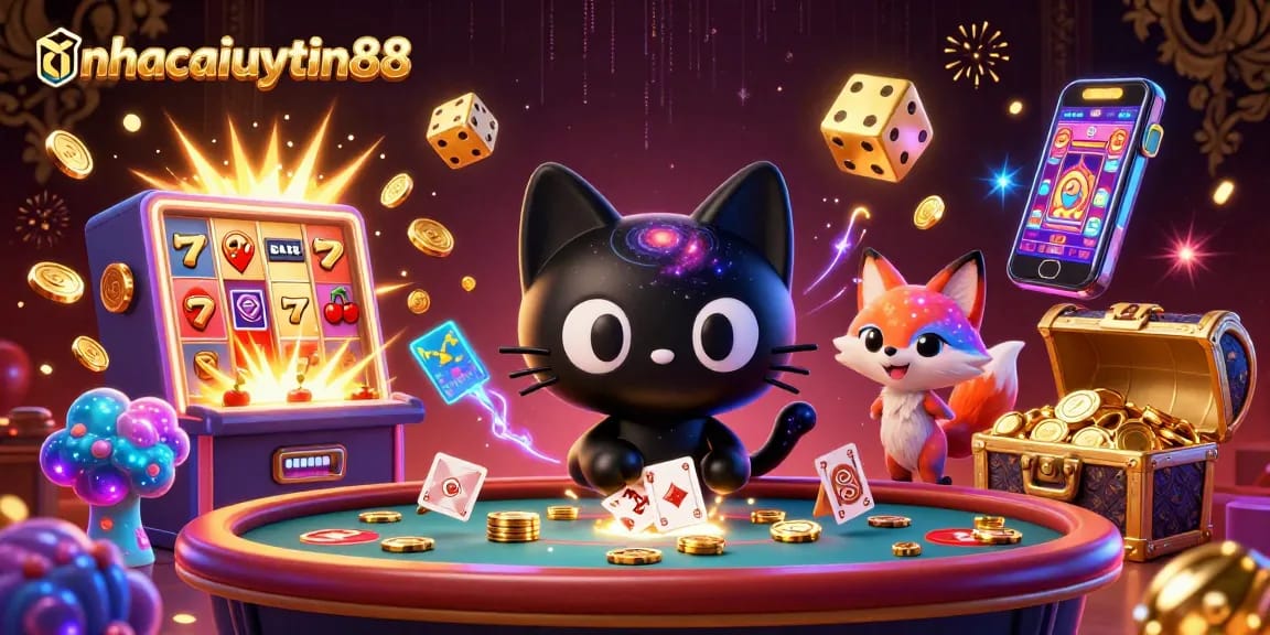 Engage in thrilling casino action with nhacaiuytin88 as a cartoon black hole cat and nebula fox attract golden chips and cards.