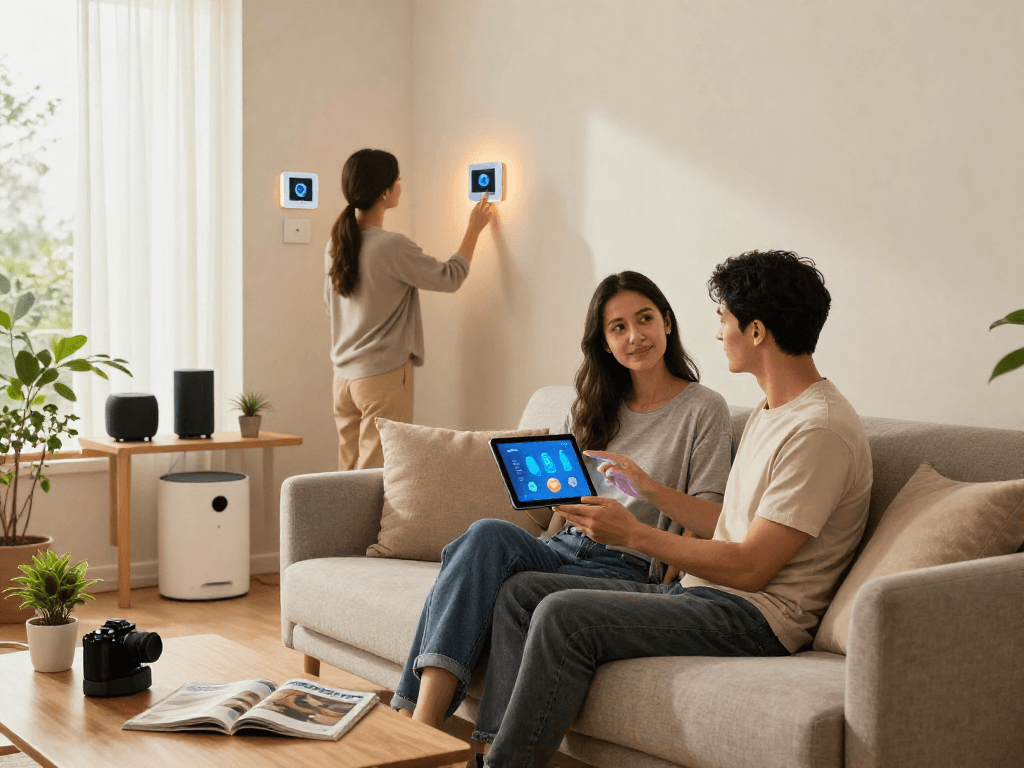 Pasangan muda mengatur wifi 4d di rumah pintar yang modern.