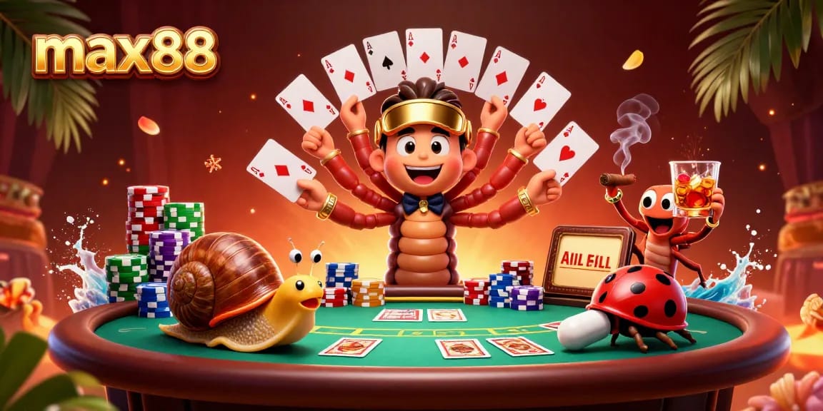 Experience max88 with a lively cartoon scene of gaming excitement featuring colorful poker elements.