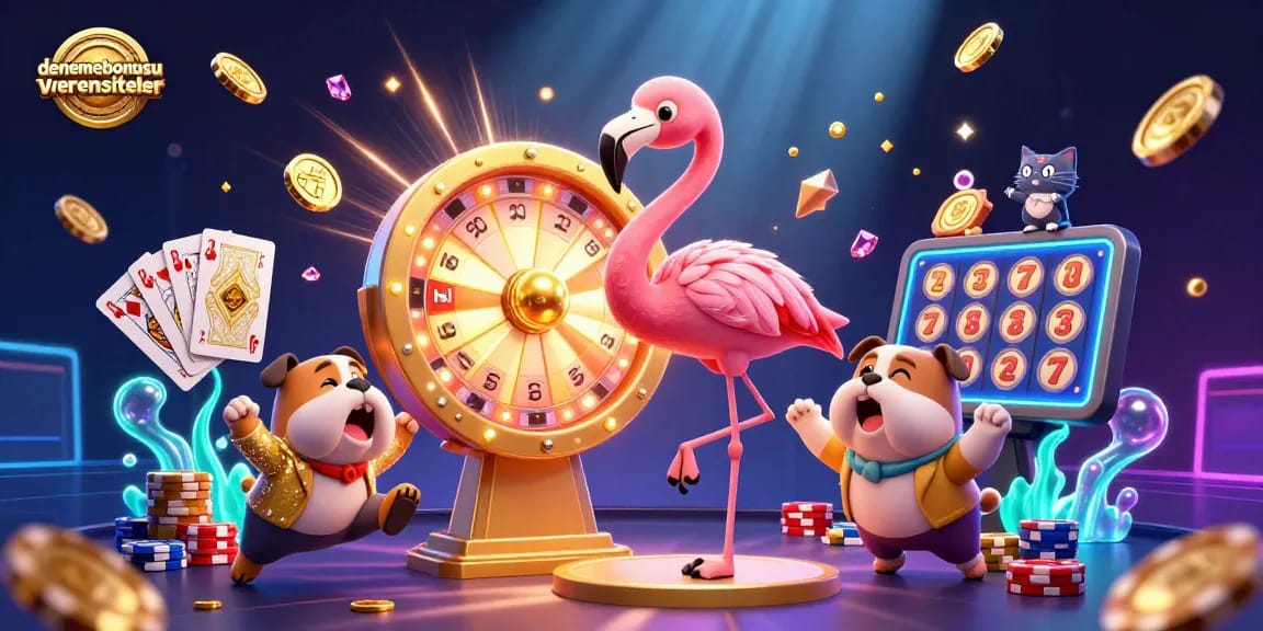 Experience excitement with denemebonusuverensiteler in this vivid casino scene featuring a game show host, a bulldog contestant, and a scoreboard assistant.
