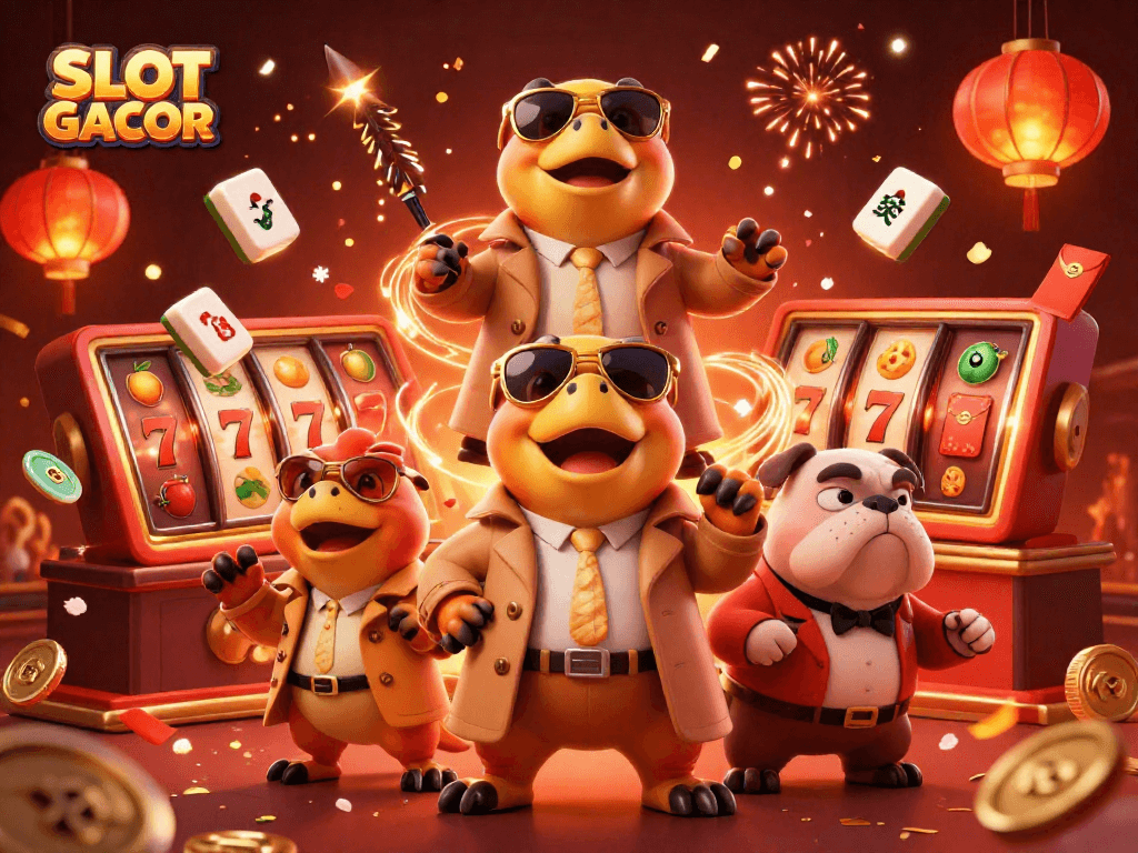 SLOT GACOR showcases raptors in disguise entering a casino, surrounded by vibrant game elements.