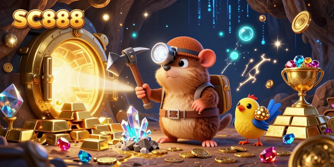 Engage in thrilling gameplay at SC888 with a treasure hunter mole mining gems amidst rich casino elements.