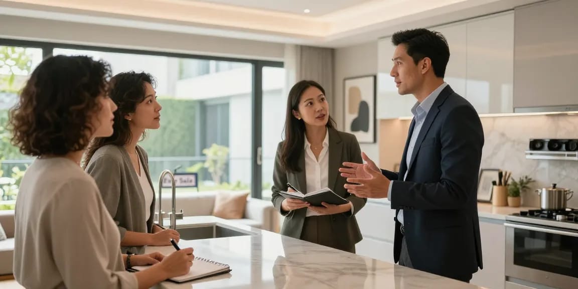 Real estate agent showcasing a luxurious kitchen to interested buyers in a modern property, emphasizing seanbowieforaz's expertise.