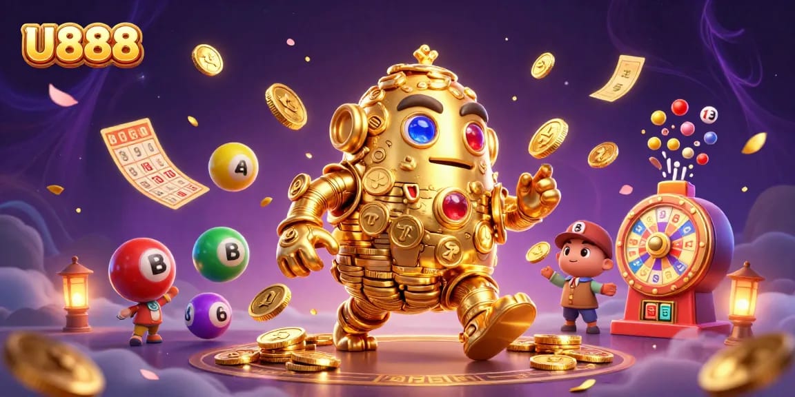 Join U888's thrilling lottery adventure with colorful elements and a magical golem!