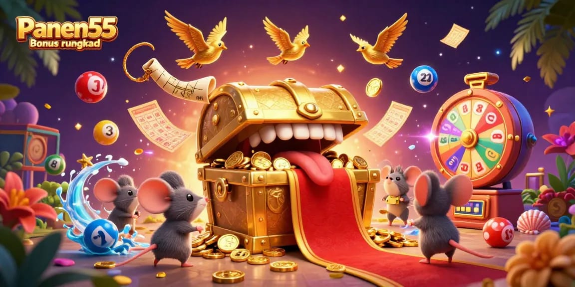 Engage with the Panen55 Bonus rungkad featuring vibrant lottery elements and captivating treasures.