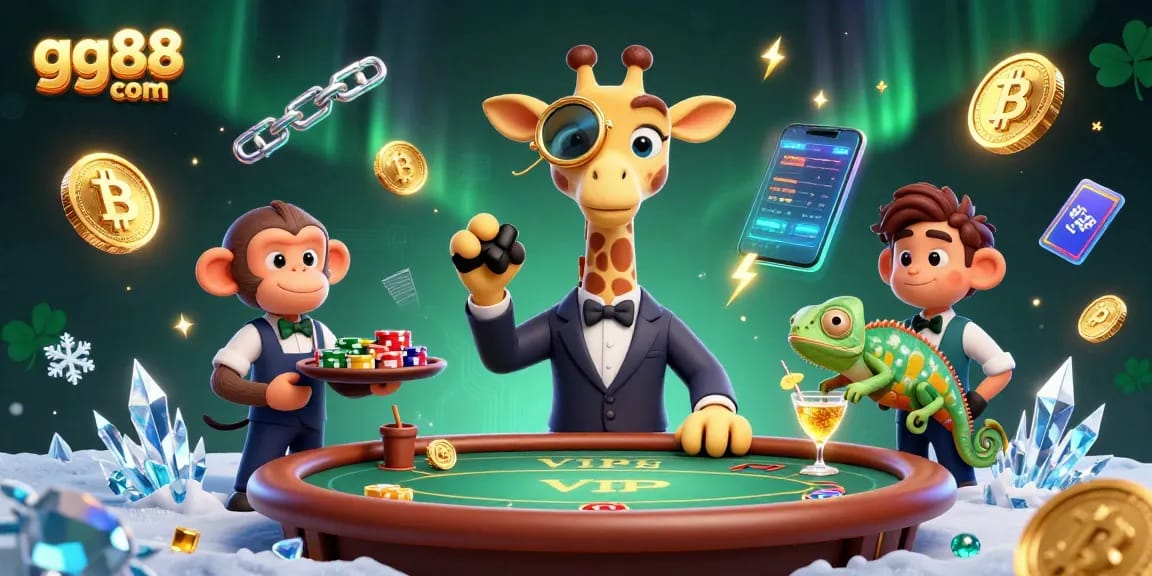 Engage with GG88 com's vibrant gaming scene featuring a high-roller giraffe at a poker table.