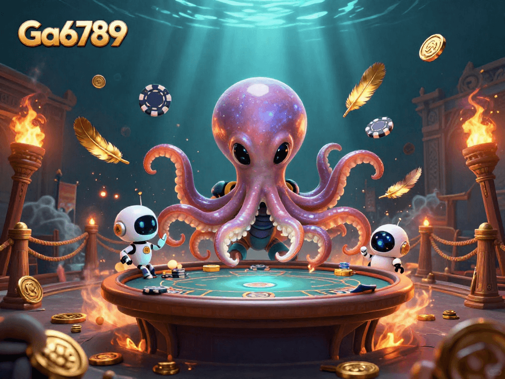 Ga6789 showcases an alien octopus playing holographic poker amid rich casino elements and dynamic effects.