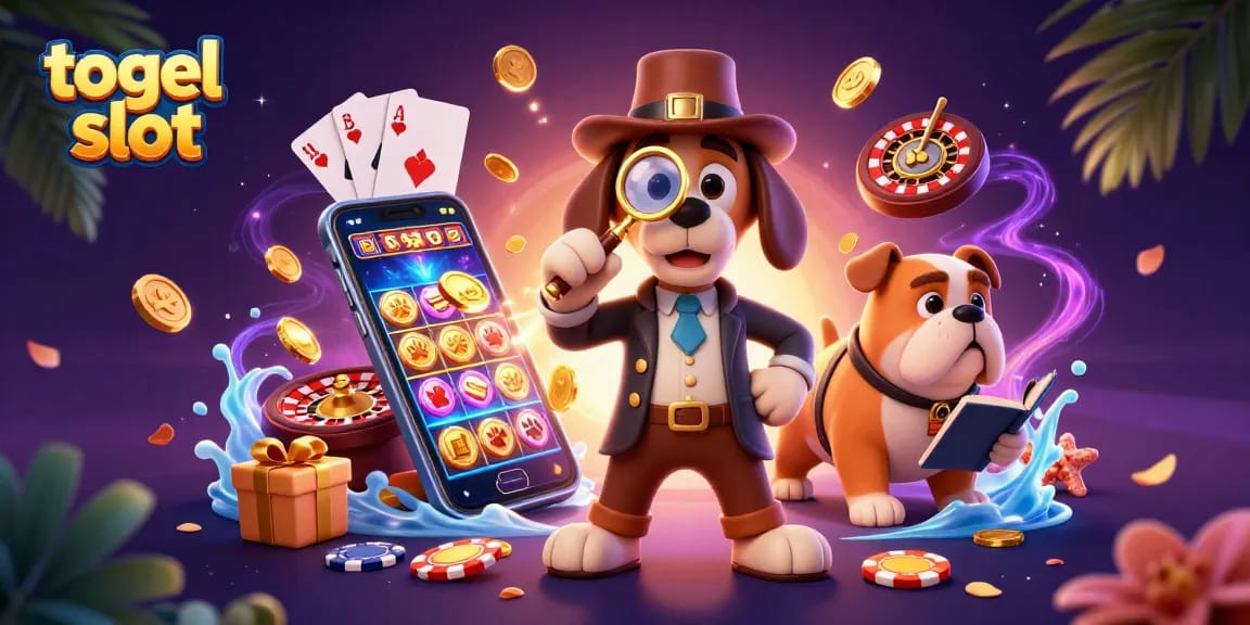 Engage with the exciting world of togel slot, featuring a detective uncovering clues with vibrant casino elements.