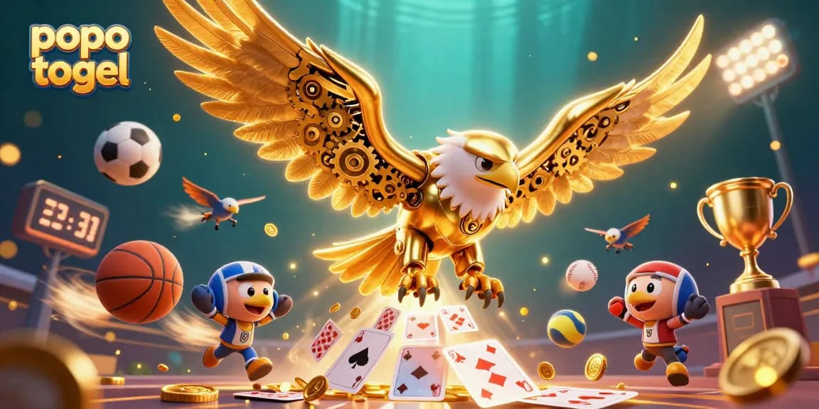 Experience exhilarating popo togel action with a dynamic 3D illustration of a cybernetic eagle amidst sports elements and betting excitement.