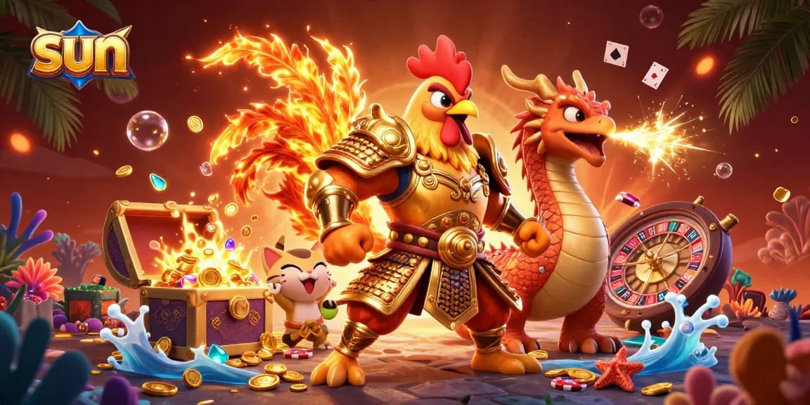 Experience thrilling casino action with sun-themed characters in vibrant 3D illustration.
