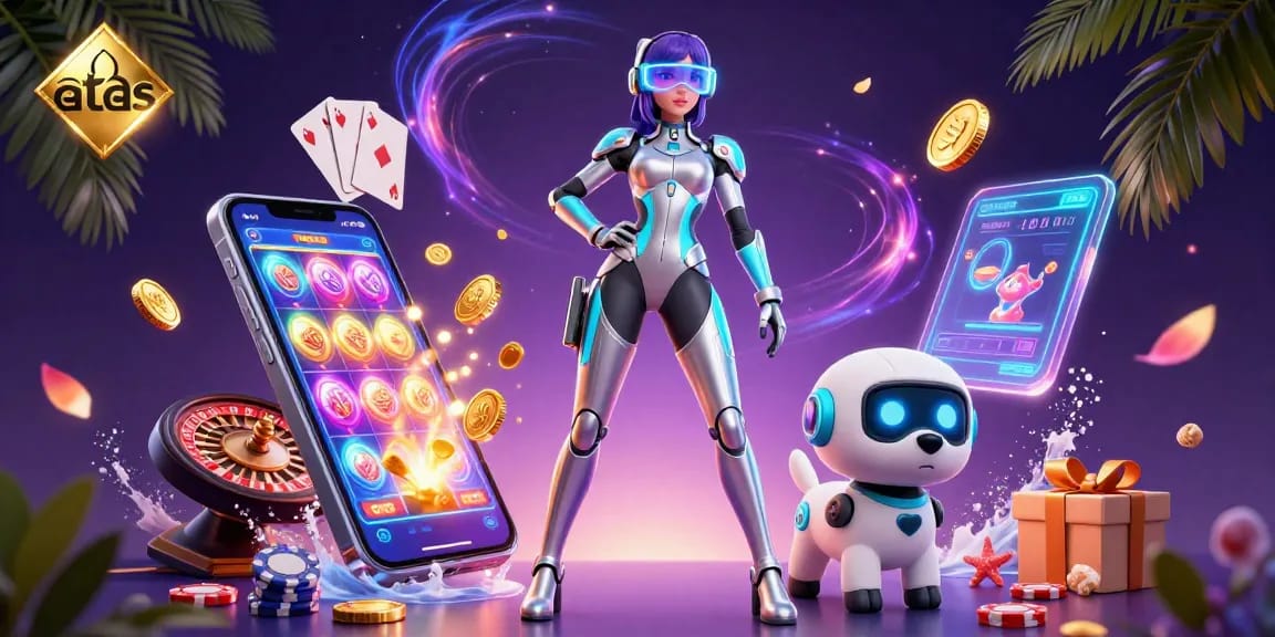 Engage with the vibrant world of atas casino as a stunning woman and a robot dog bring to life exciting gaming experiences.