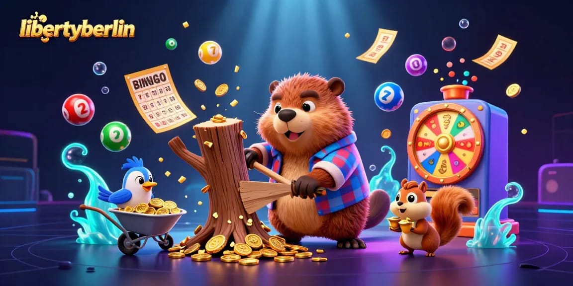 libertyberlin showcases a lively 3D scene with cartoon characters engaging in exciting lottery actions and monetary fun.