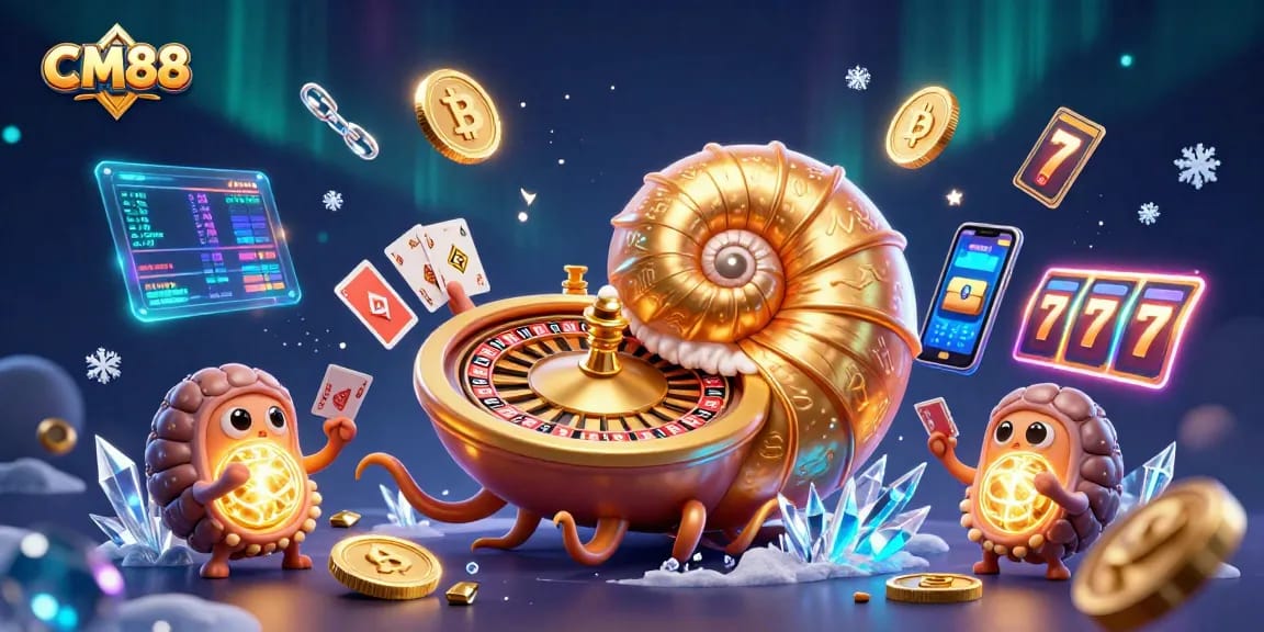 Engage in casino action at CM88 with vibrant gaming elements and ancient nautilus character.