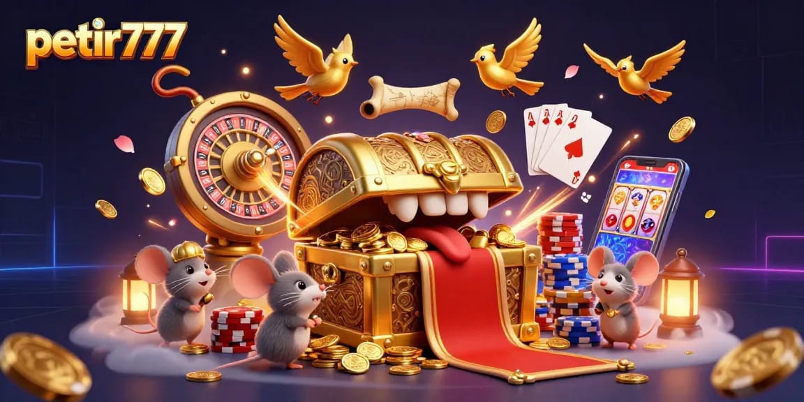 Experience excitement with petir777, featuring a treasure chest, cascading coins, and vibrant casino elements.