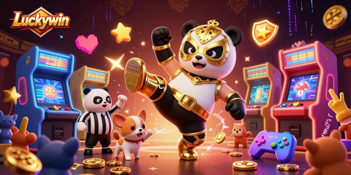 Experience thrilling gameplay with Luckywin as a panda wrestler and a referee in a vibrant casino scene.