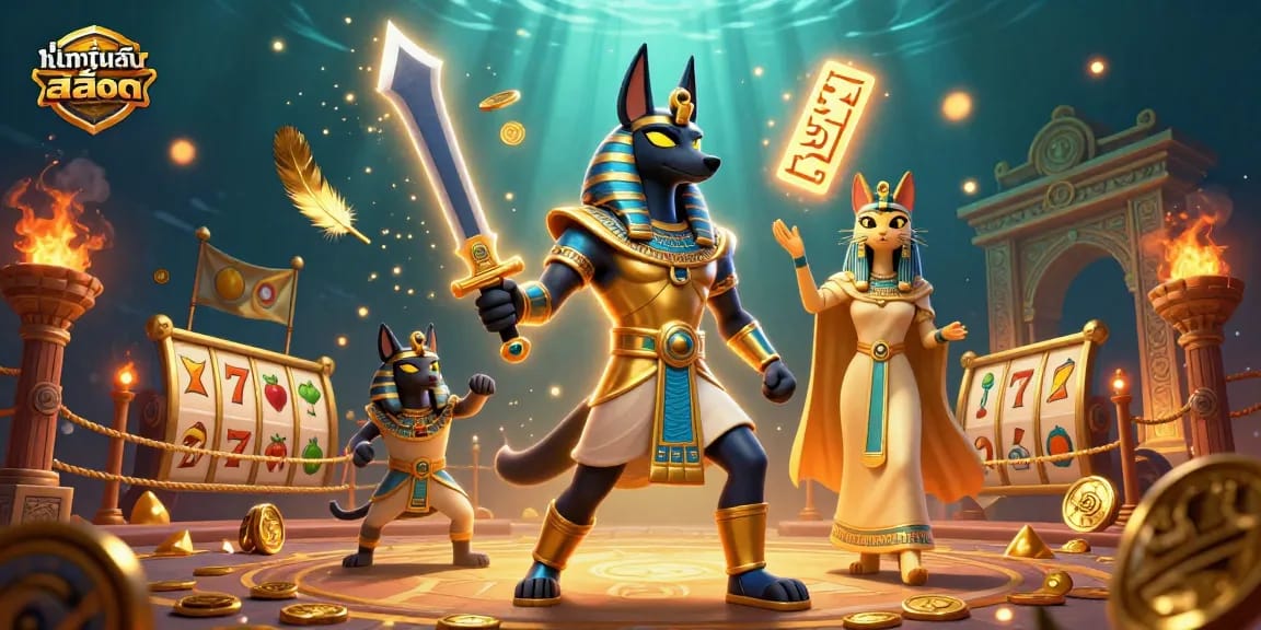 Menjelajahi Uji Coba Slot dengan Anubis dan Bastet di arena gemerlap penuh slot dan koin emas.