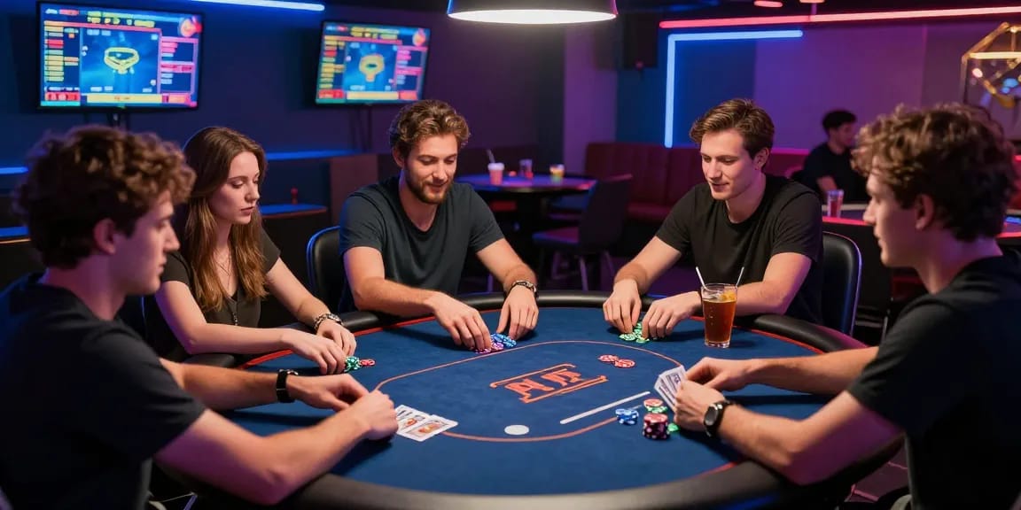 Permainan poker online dewapoker yang mengasyikkan di lounge modern dengan pemain yang bersemangat.