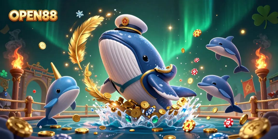 Experience thrilling gameplay at OPEN88 with a 3D scene featuring a charming whale and playful dolphins amidst a sea of casino action.