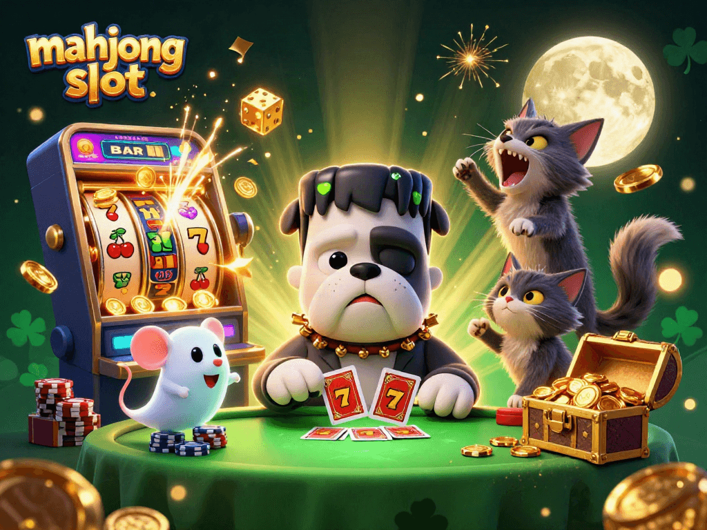 Catch the excitement of mahjong slot action with cartoon characters in a vibrant, dynamic casino scene.