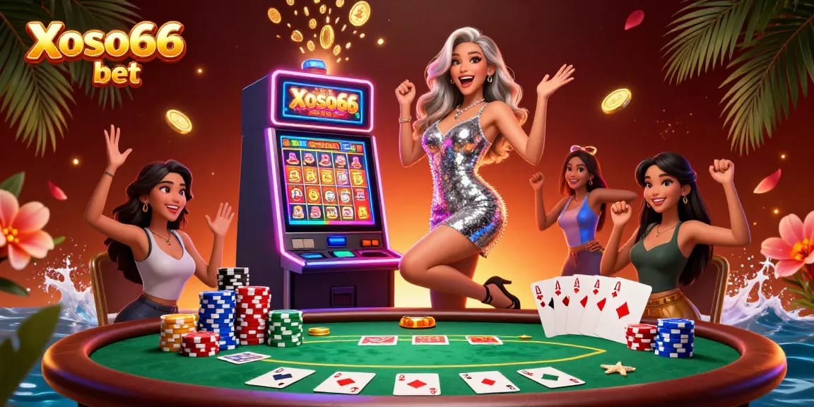 Xoso66 bet promotes an energetic scene with a celebrating woman at a jackpot slot machine.