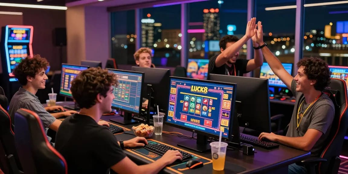 Friends enjoying an exciting LUCK8 online gaming session in a vibrant casino atmosphere.