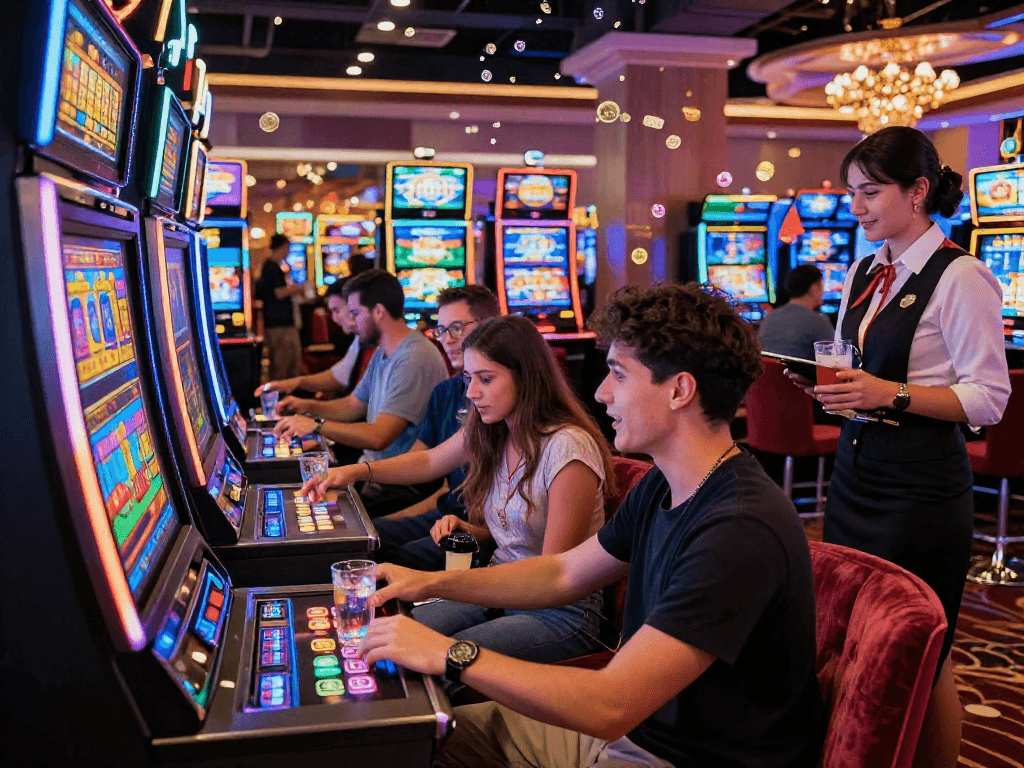 Friends joyfully playing slot88 game in a vibrant casino.