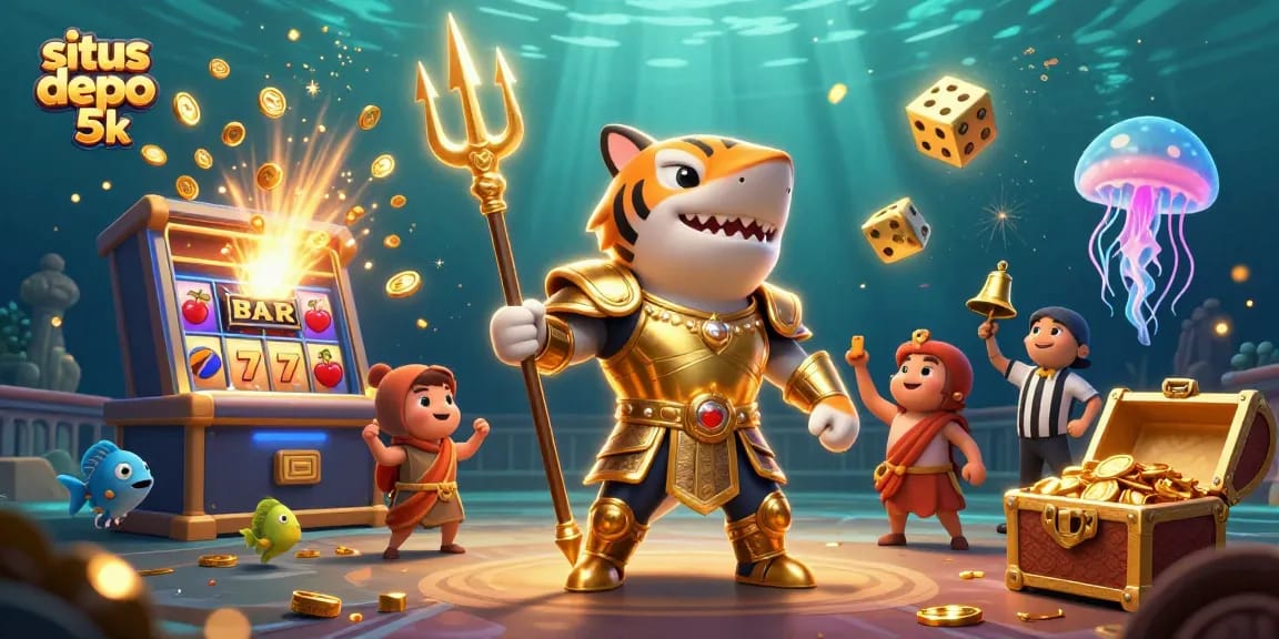 Engage in excitement with situs depo 5k as a triumphant tiger shark wields a trident surrounded by casino elements.