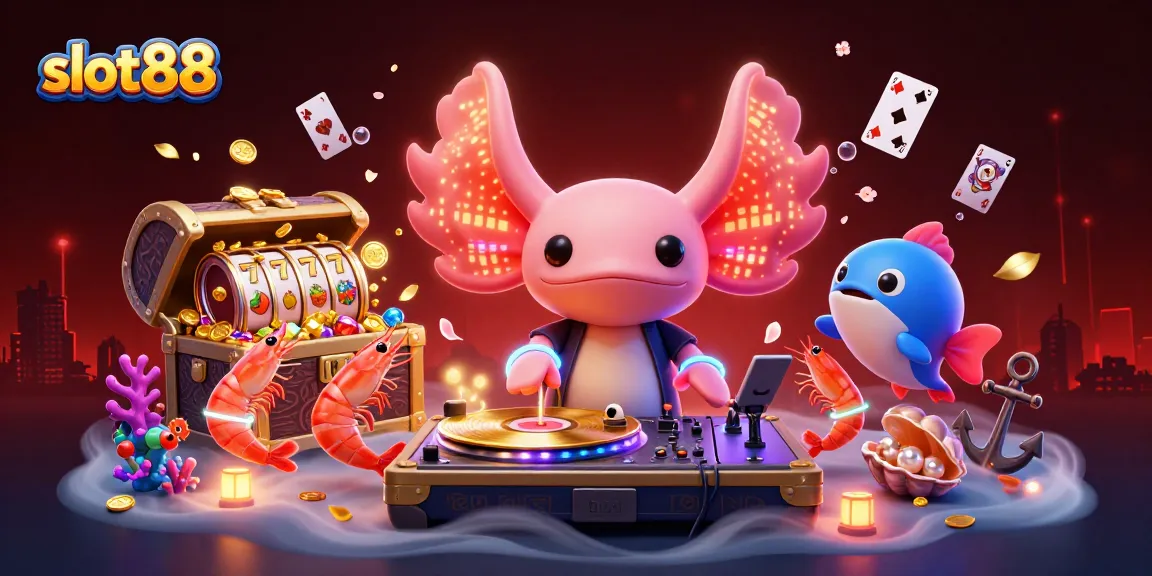 Menangkan permainan slot88 dengan DJ axolotl neon dan suasana laut yang meriah.