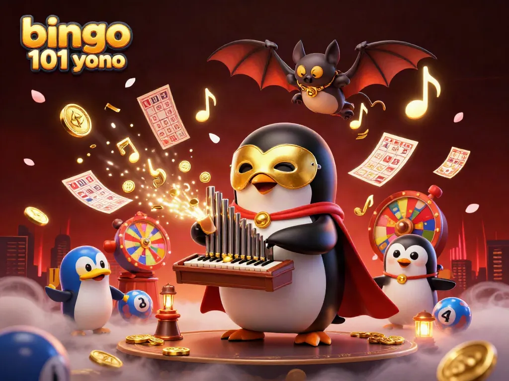 Permainan bingo 101 yono yang menyenangkan dengan karakter kartun dalam suasana berkilau