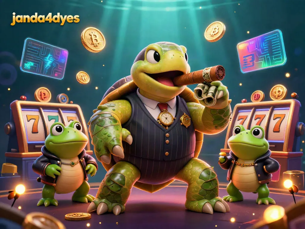 JANDA4DYES menampilkan kura-kura kartun 3D dalam jas vintage berjudi dikelilingi elemen slot dan koin Bitcoin.