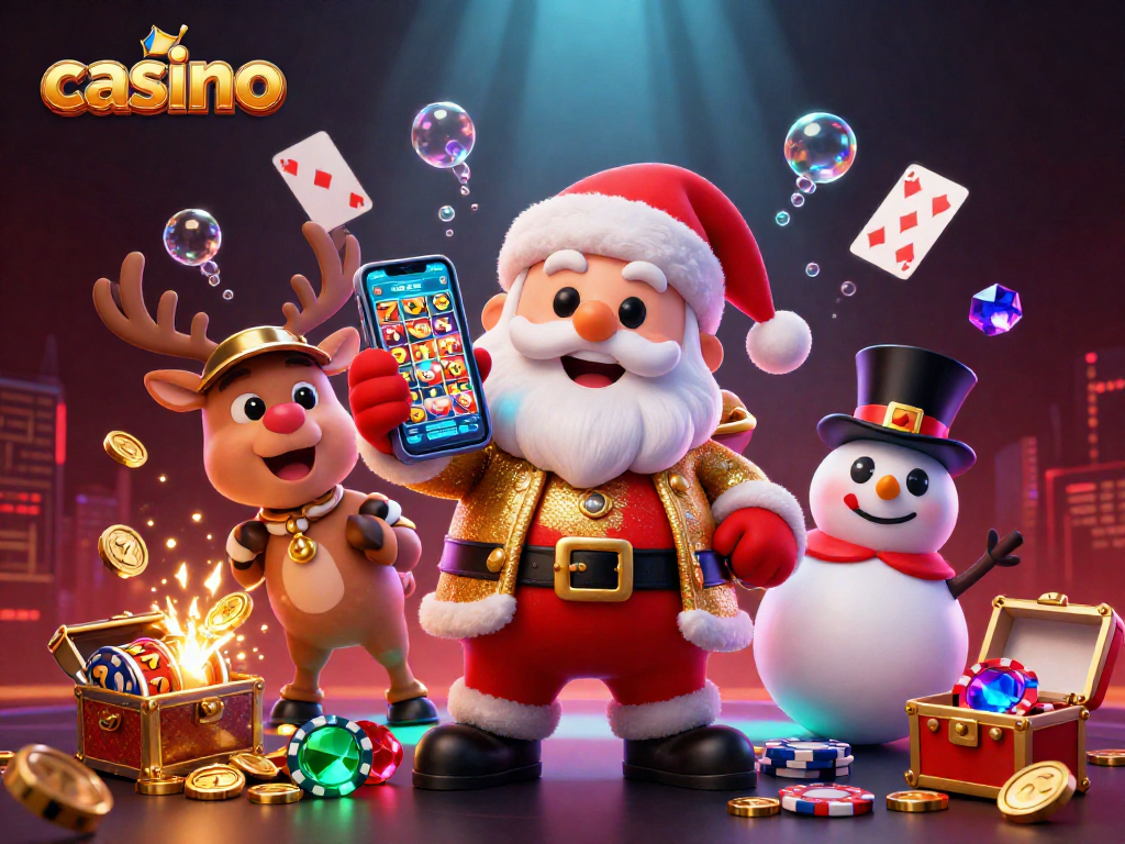 View the vibrant casino scene with Santa, a dealer reindeer, and a poker chip snowman celebrating winning slots.