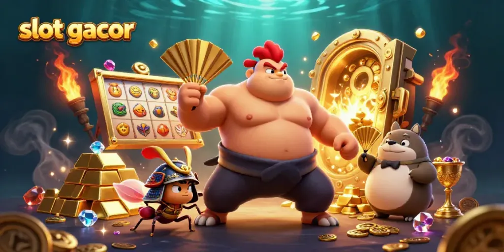 Experience thrilling slot gacor action with our vibrant 3D casino scene featuring dynamic characters and slot reels.