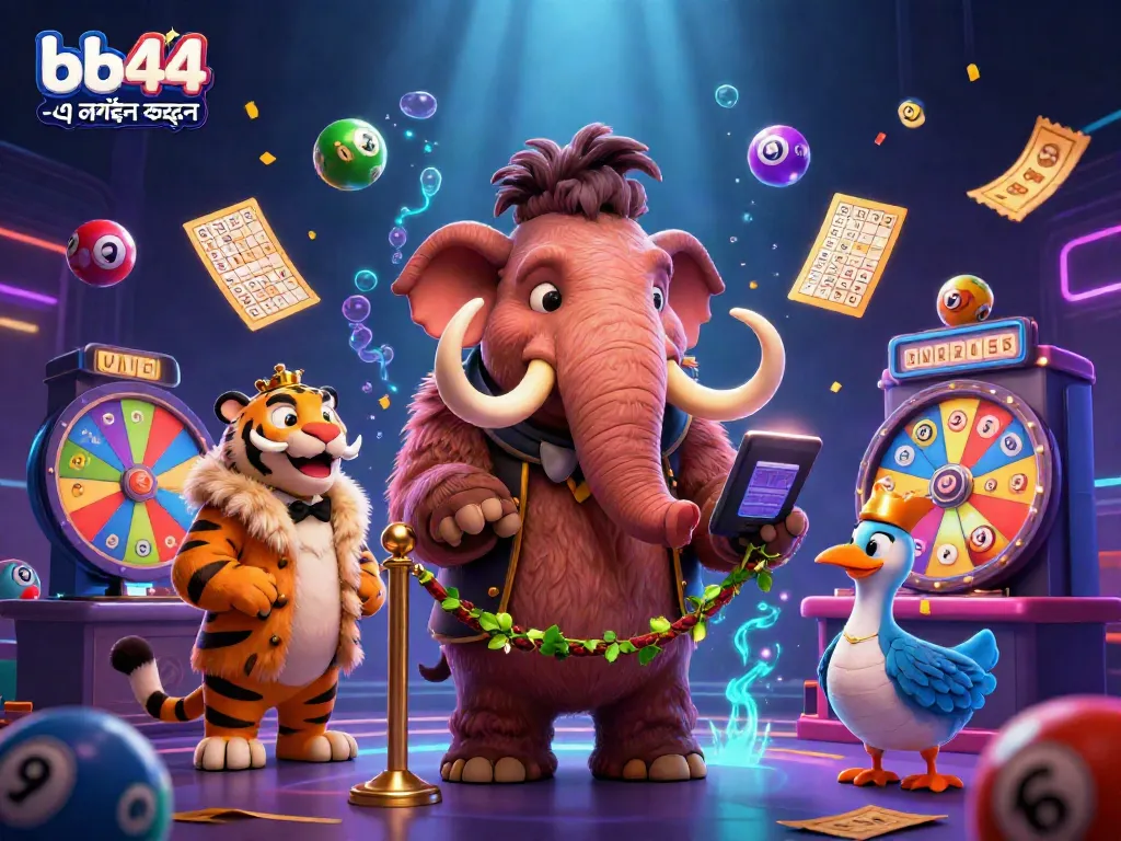 Engage with bb44 -এ লগইন করুন featuring a lively 3D casino scene with colorful lottery elements.