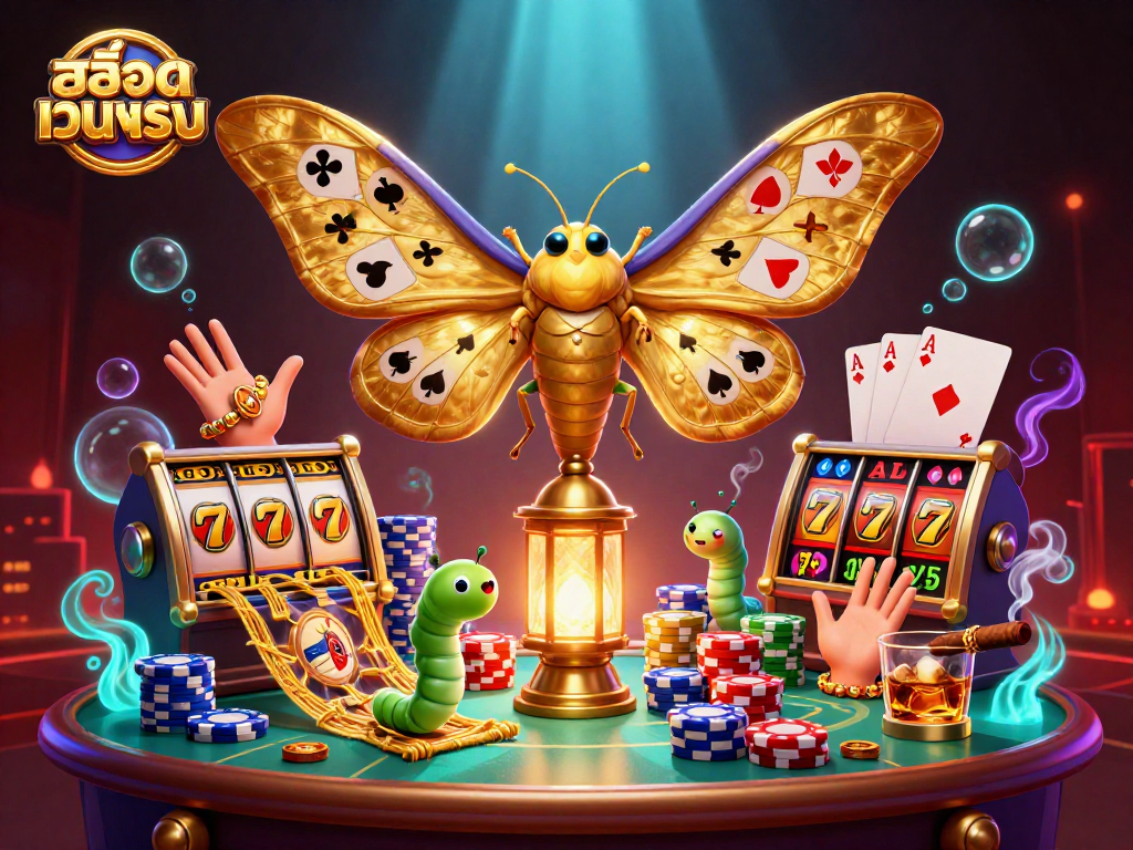 Play exciting slots at สล็อตเว็บตรง with 3D visual of an atlas moth and casino-themed elements.