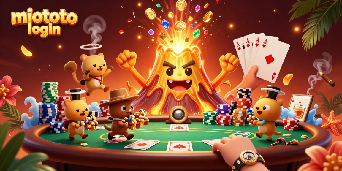 Engage in the thrill of miototo login as a golden volcano erupts treasures in a vibrant casino scene.