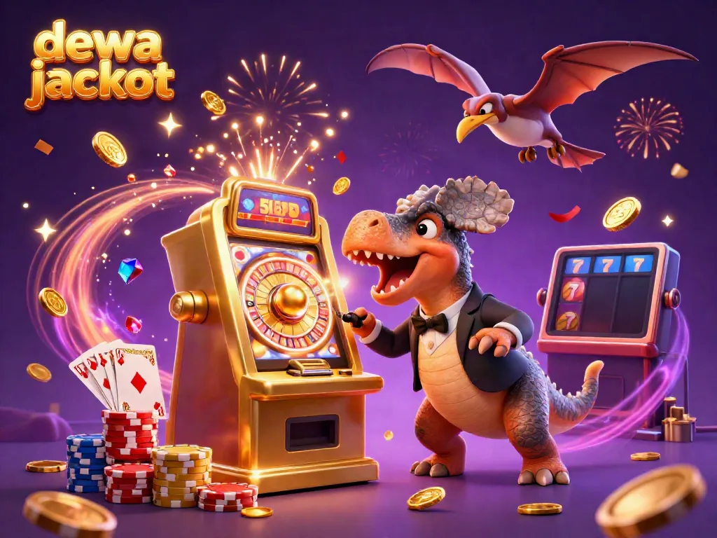 Permainan dewa jackpot menampilkan dinosaurus kartun yang menyundul mesin slot emas dengan uang koin terbang dalam suasana kasino yang ramai.