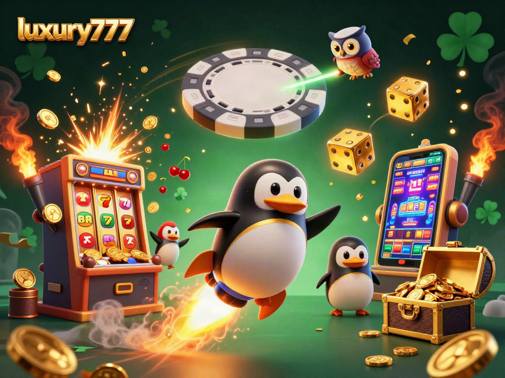 Menghadapi petualangan dengan luxury777, penguin emas bertenaga roket terbang menuju stasiun kasino sambil menaburkan koin emas