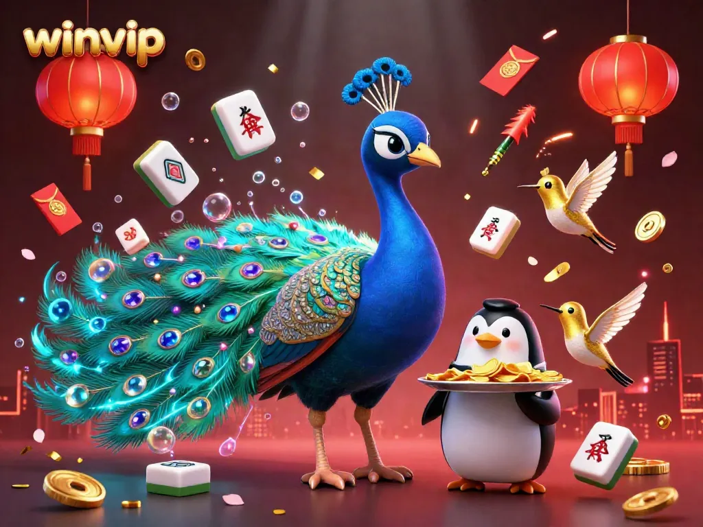 Winvip illustration showcasing a vibrant casino scene with a cartoon peacock, penguin, and hummingbird surrounded by festive symbols.