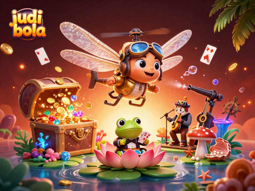 Engage in judi bola with a dynamic scene of a dragonfly pilot and frog croupier amidst thrilling gaming elements.
