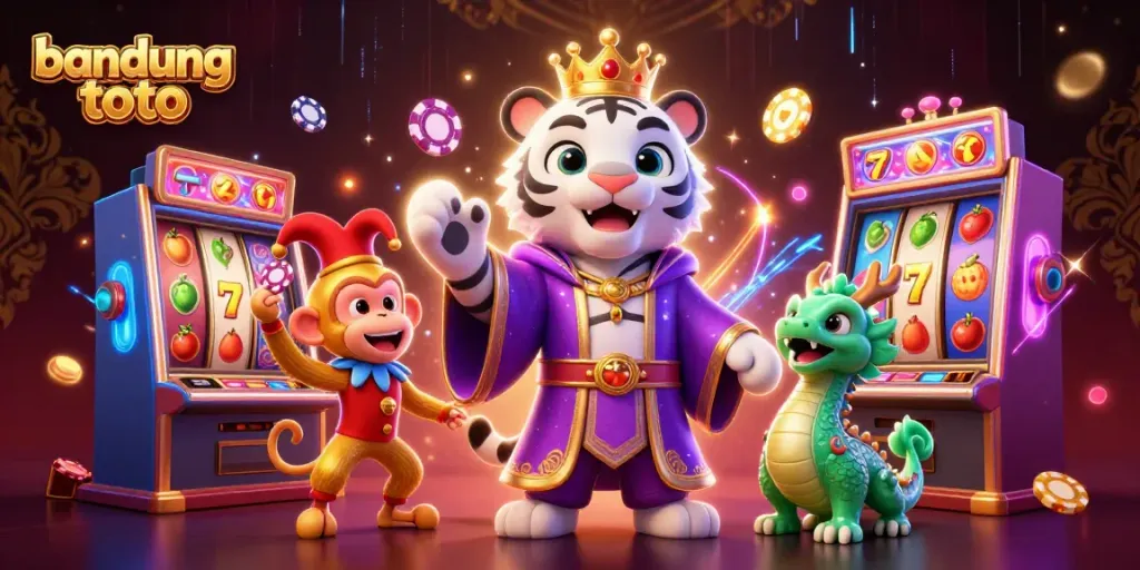 Engage with bandung toto featuring a royal white tiger, juggling monkey, and lively slot machines in a vibrant scene.
