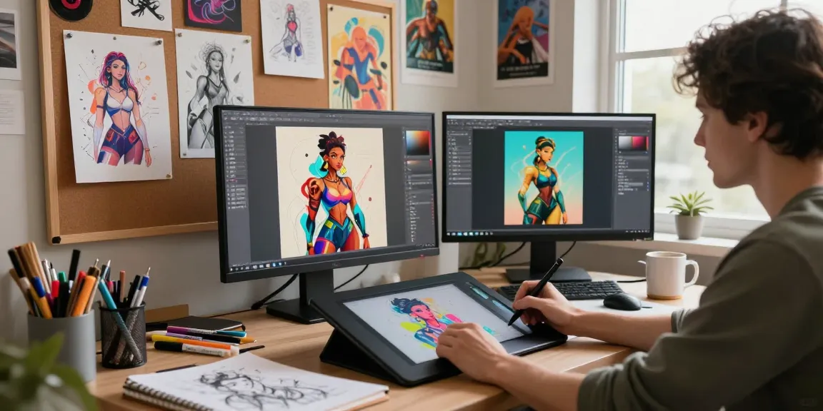 Creating NSFW AI character illustrations in a vibrant digital art studio.