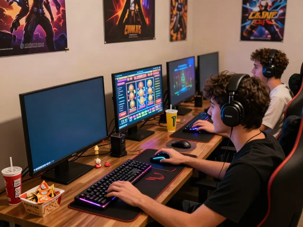 Player immersed in akunjp online gaming atmosphere, showcasing colorful screens and gaming gear.