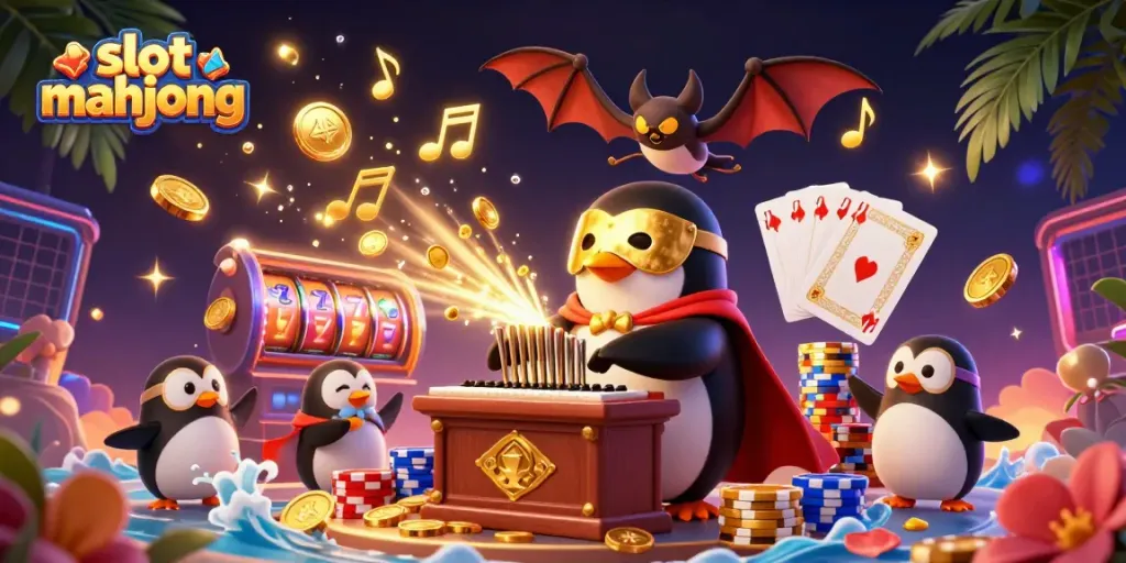 Slot mahjong dengan penguin dan koin emas menciptakan suasana kasino yang megah.