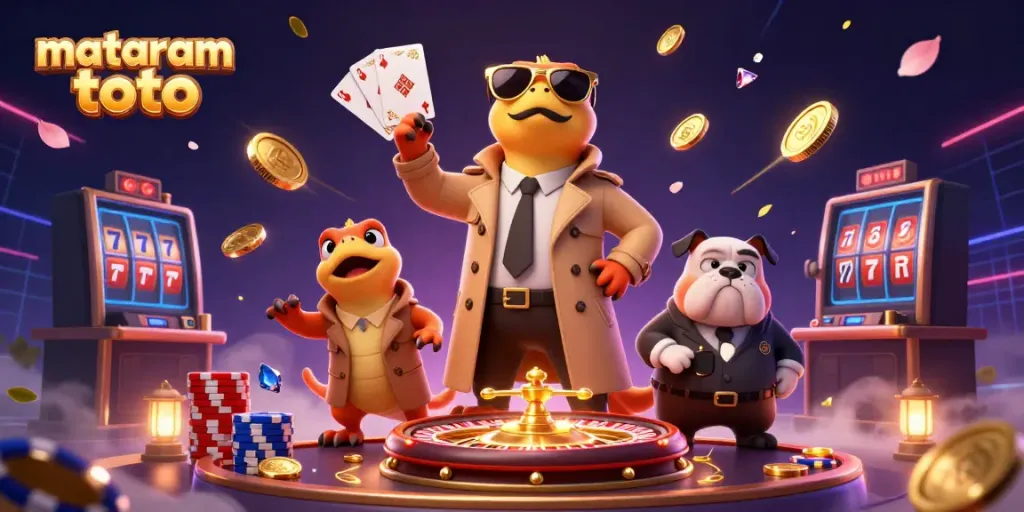 Experience mataram toto excitement with cartoon raptors in a trench coat entering a VIP lounge filled with casino elements.